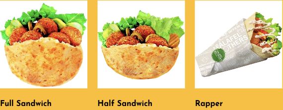 Falafel sandwich and wrap formats — official menu excerpt